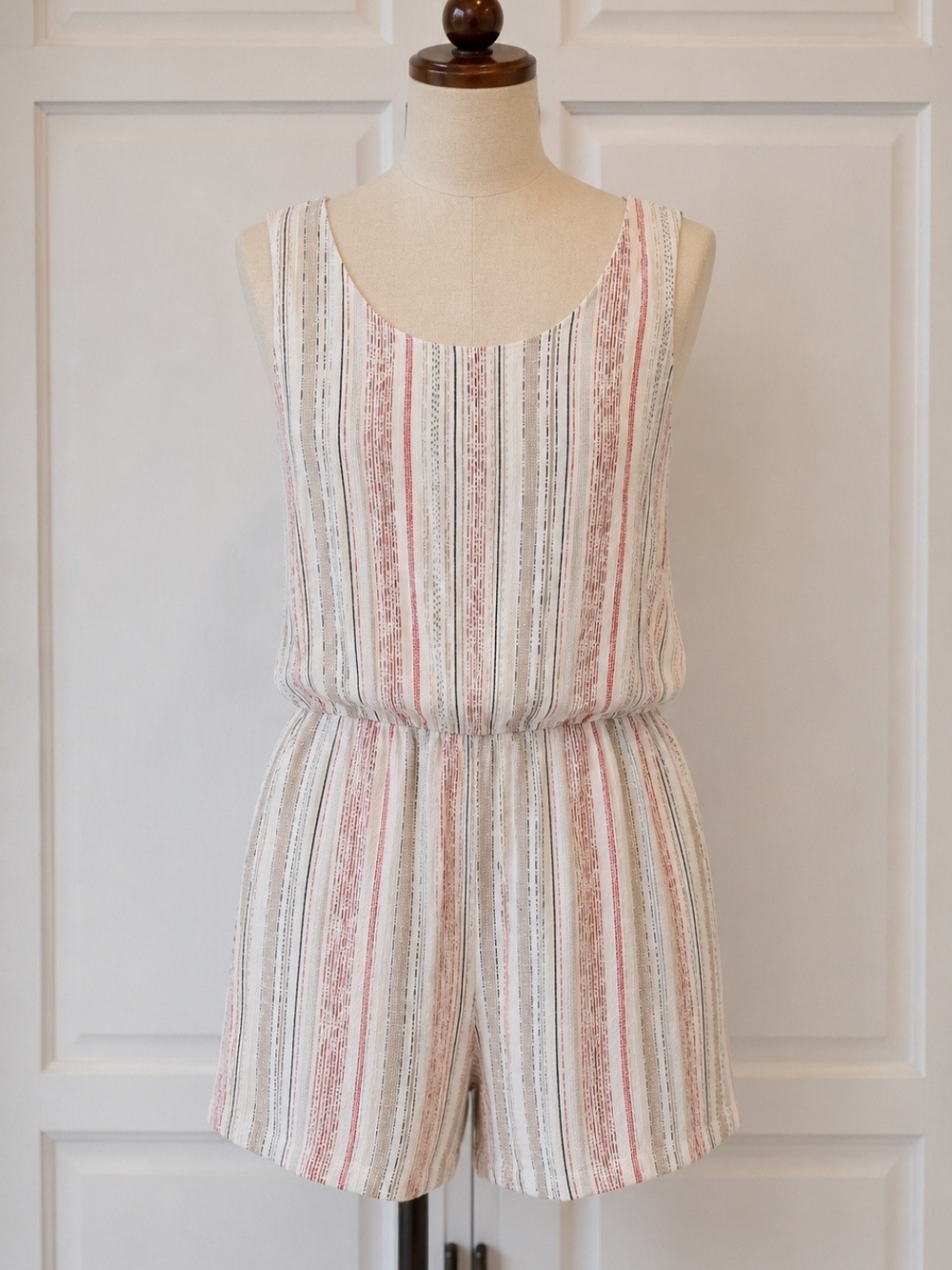 Apt. 9 Striped Dot Scoop-Neck Romper  White Red Tan Black Belted Summer Outing